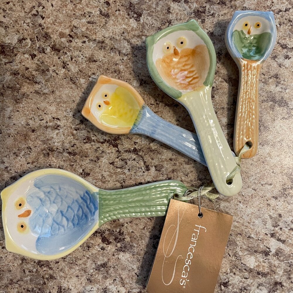 Francescas Owl Measuring Spoons - Ceramic Colorful Owls w/ Measurement Print NWT